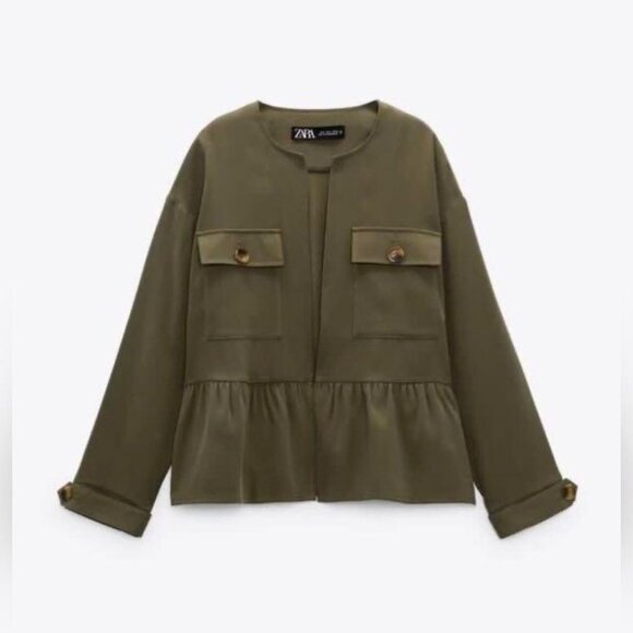 NWT ZARA Viscose Blend Ruffle Peplum Army Green Jacket Open Front 4968/068/M - Picture 4 of 14
